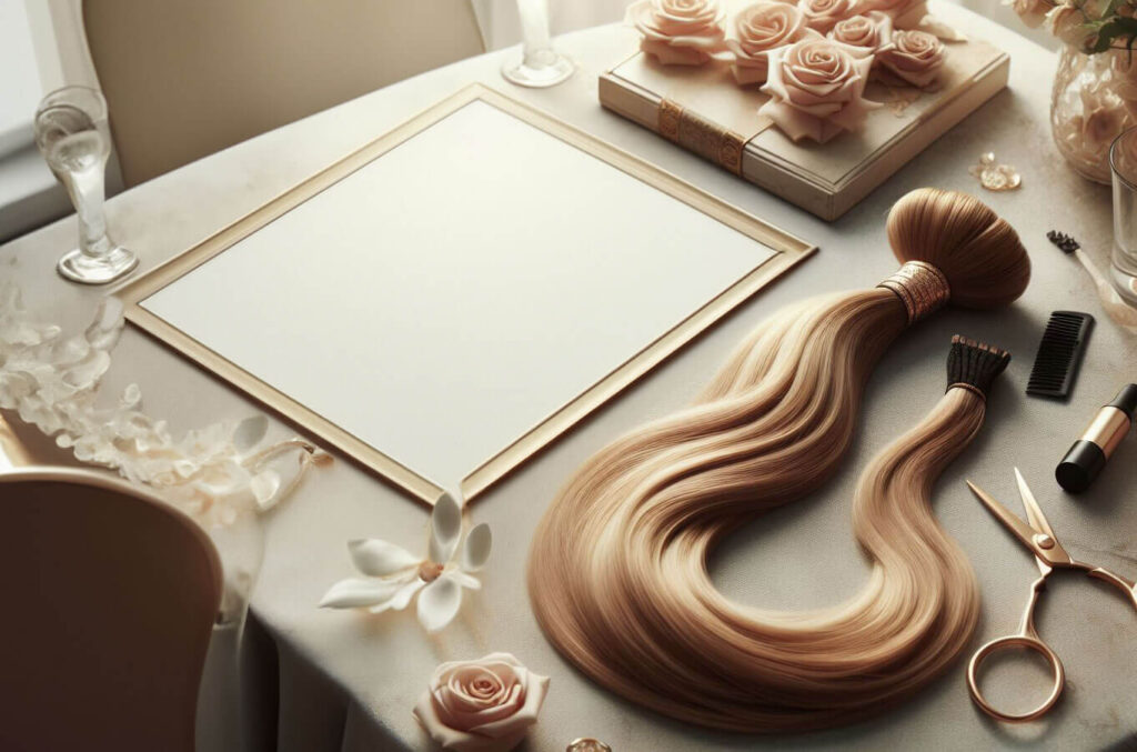 Ponytail extensions on the table with flowers